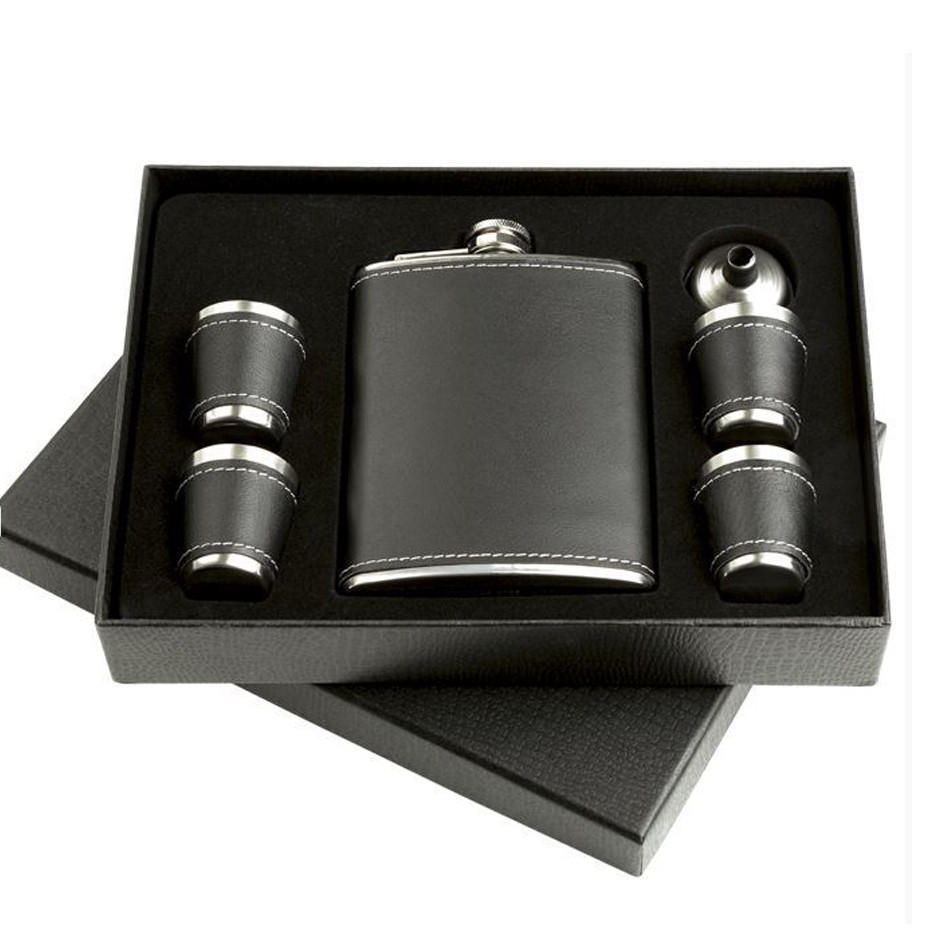 black leather hip flask 8OZ  with 4 leather wrapped jigger with funnel , Gift box packing , Food Deg