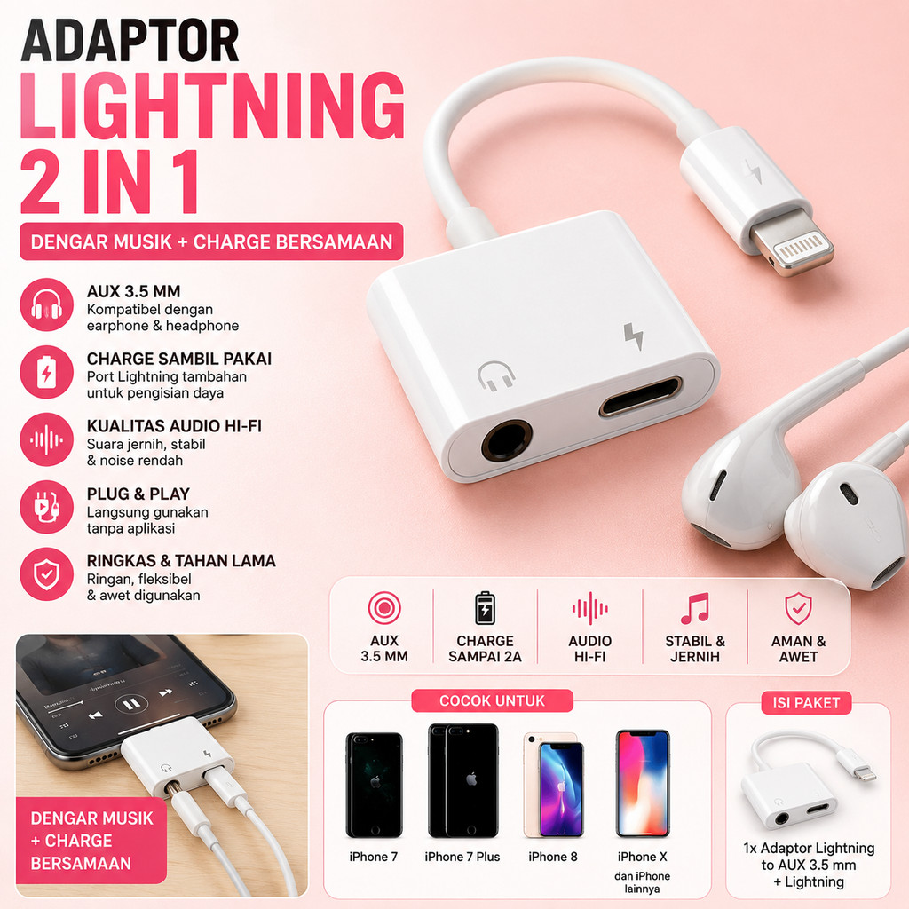 Adaptor Audio iPhone Lightning To Aux 3.5mm Jack 2in1 Splitter Charging Charger Converter Audio Musi