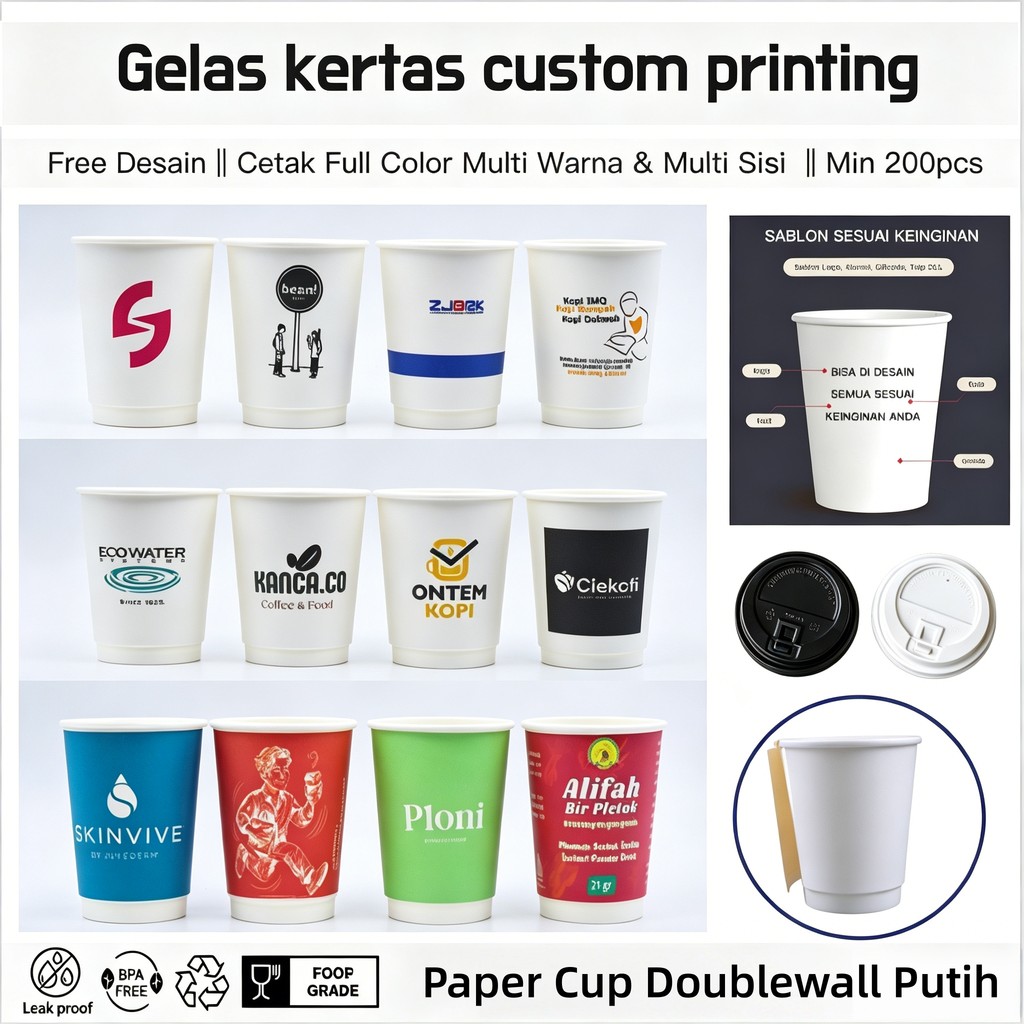 Sablon Paper Cup Tebal Double Wall  8oz 12oz 16oz 22oz + Tutup | Sablon Logo Full Color Multiwarna M