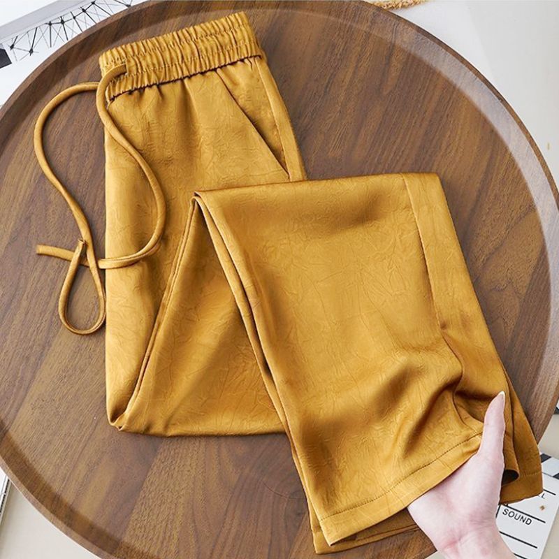 Wanita Cina satin jacquard celana kaki lebar gaya Cina elastis pinggang tinggi celana kasual