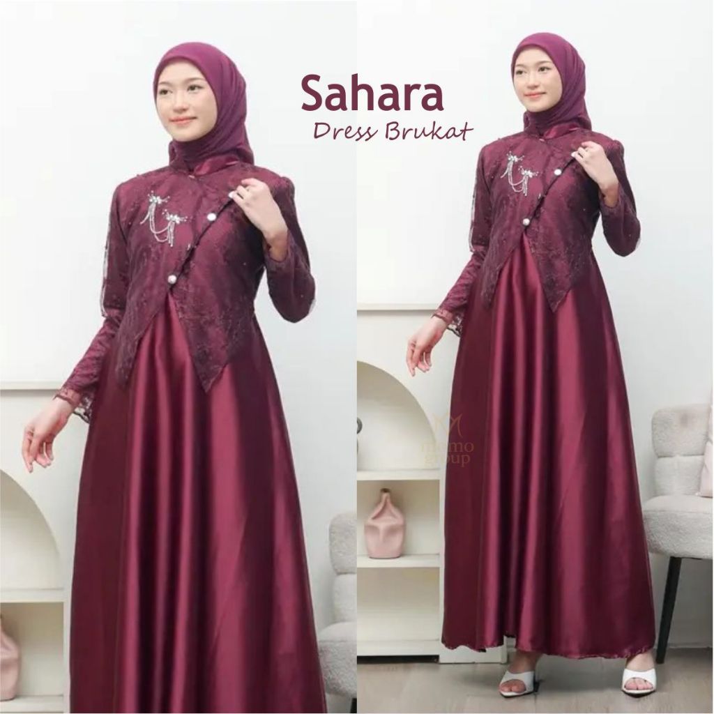 Dress Sahara Satin Mix Brokat Tile Kancing Gaun Simpel Elegan Mewah Baju Wanita Trend Terbaru 2026