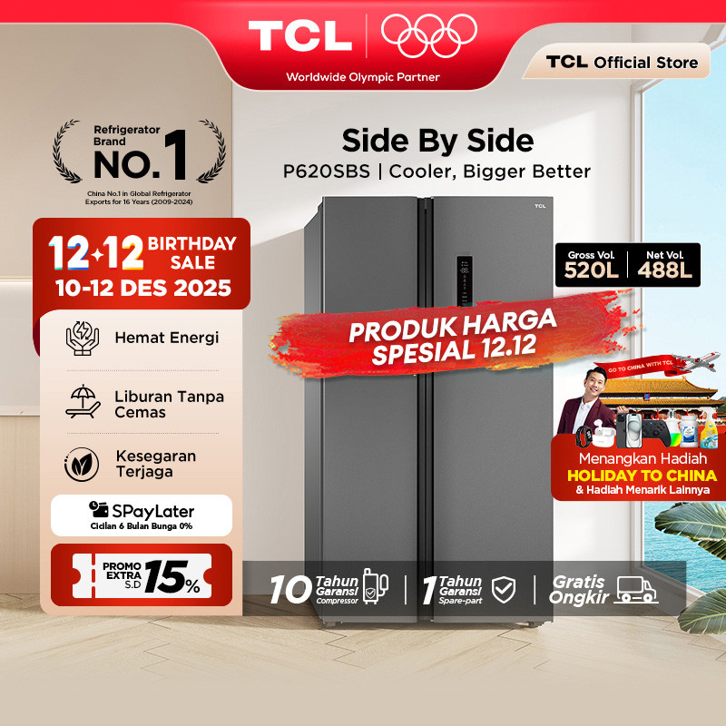 TCL Kulkas 2 Pintu Side by Side - Kapasitas 520L - Holiday Mode - Twin Eco Inverter - AAT Gen 2 Natu
