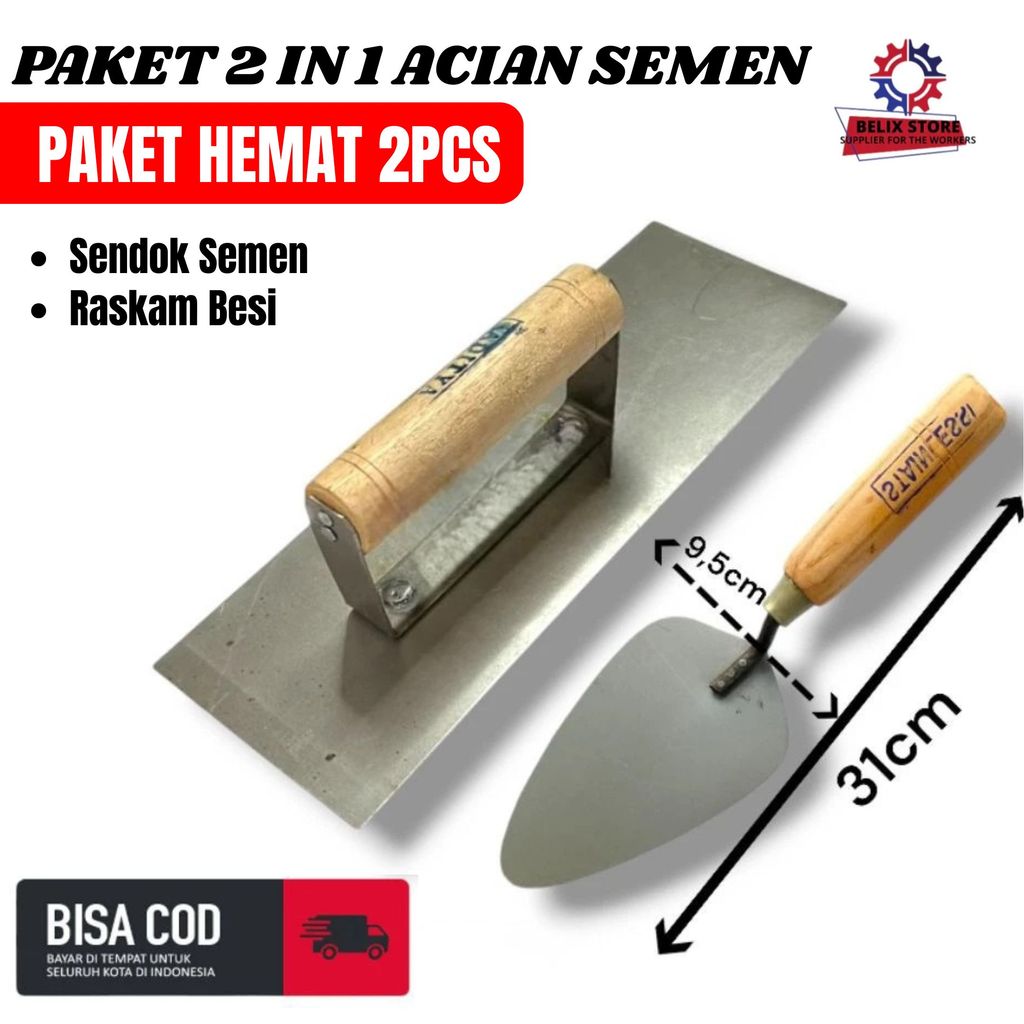 PAKET 2 PCS Raskam Acian penghalus Tembok Dan Sendok Semen Stainless - Raskam Plat Baja Dan Cetok