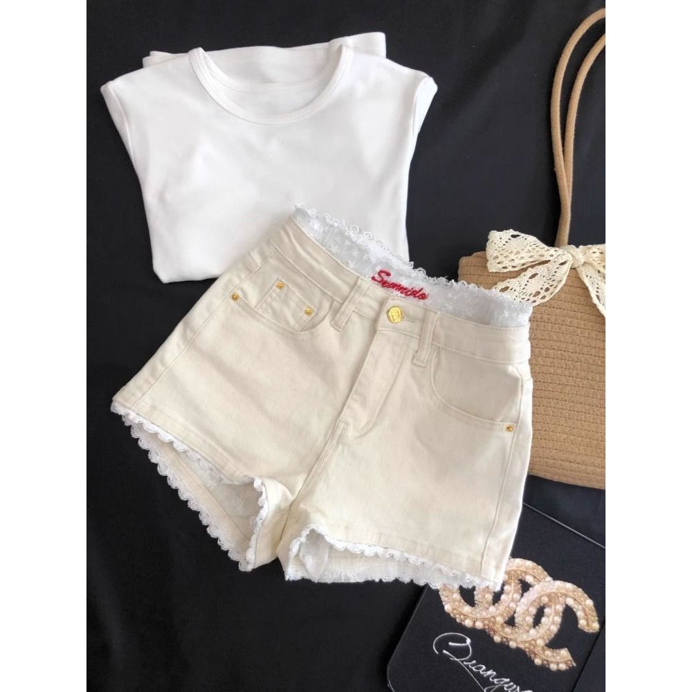 Fashion Lace Trim Patchwork Denim Shorts for Women