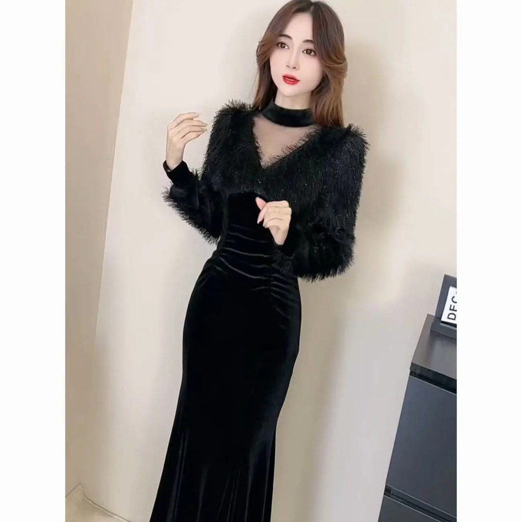 Gaun leher tali pesta berbulu gaya Korea untuk wanita, panjang sedang, model ekor ikan