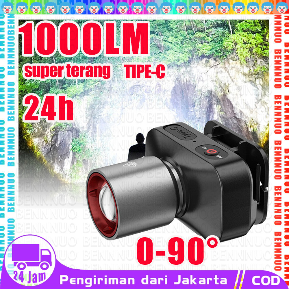 Senter Kepala LED Super Terang Anti Air Senter Kepala Zoom 1000 Lumen Headlamp Senter Kepala Zoom He