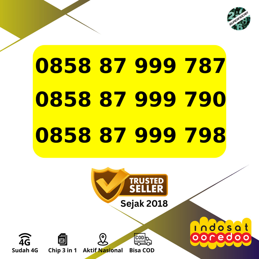 SERI ANGKA BESAR - NOMOR CANTIK INDOSAT 12 DIGIT VARIASI ANGKA BESAR 7 8 9 BONUS KUOTA 3GB 30 HARI -
