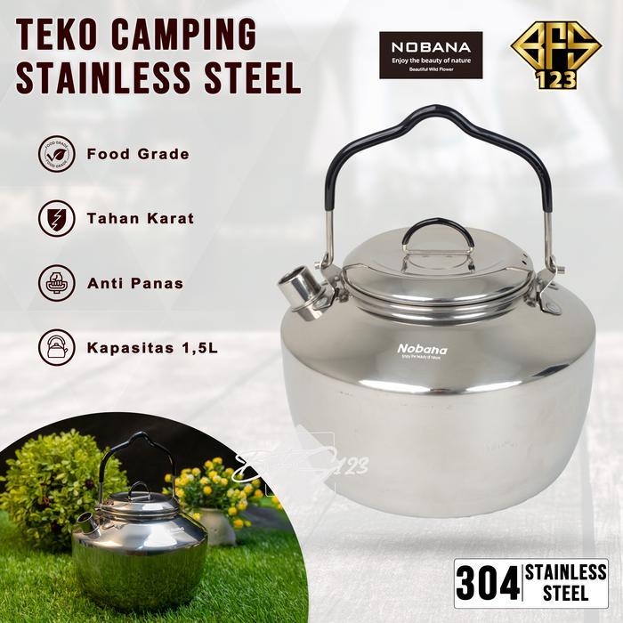Teko Camping Stainless Steel 304 1,5 Liter Gagang Handle Grip Karet NOBANA teko camping