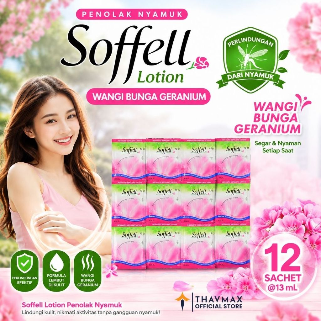 Soffell Lotion Penolak Nyamuk Sachet | Soffell Anti Nyamuk | Bunga Geranium 12 Sachet