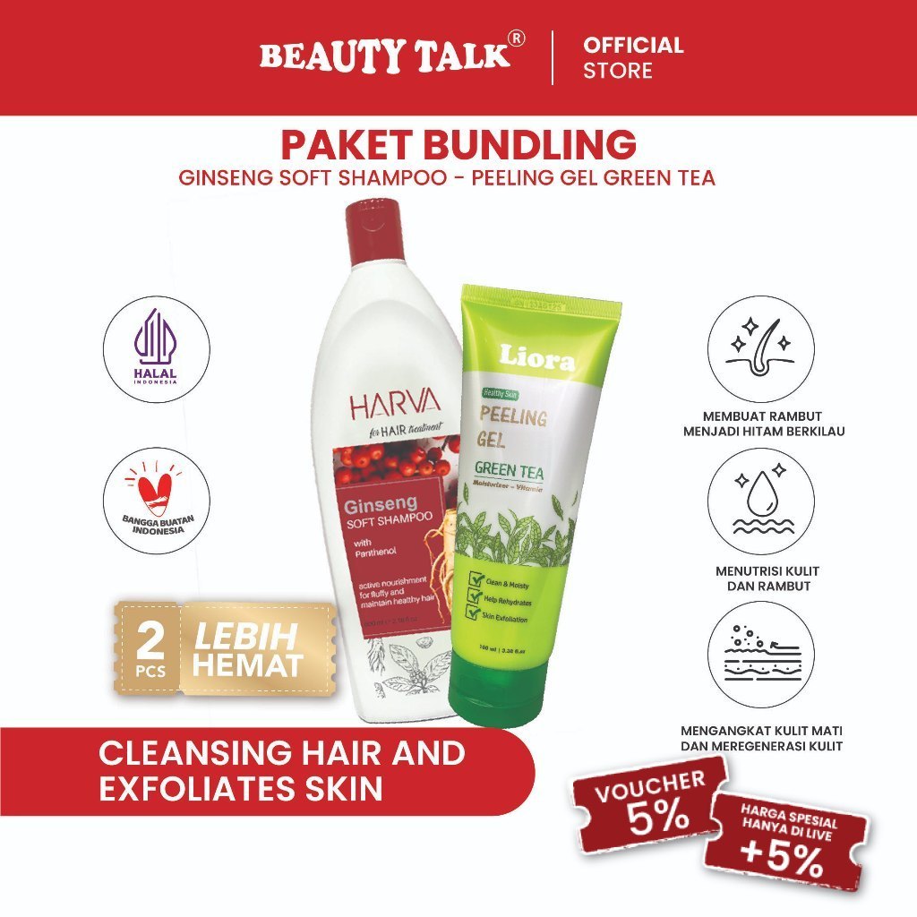 [Bundling Hemat - 2 Pcs] HARVA Shampoo&Conditioner Ginseng 600ml + LIORA Peeling Gel Green Tea 100ml