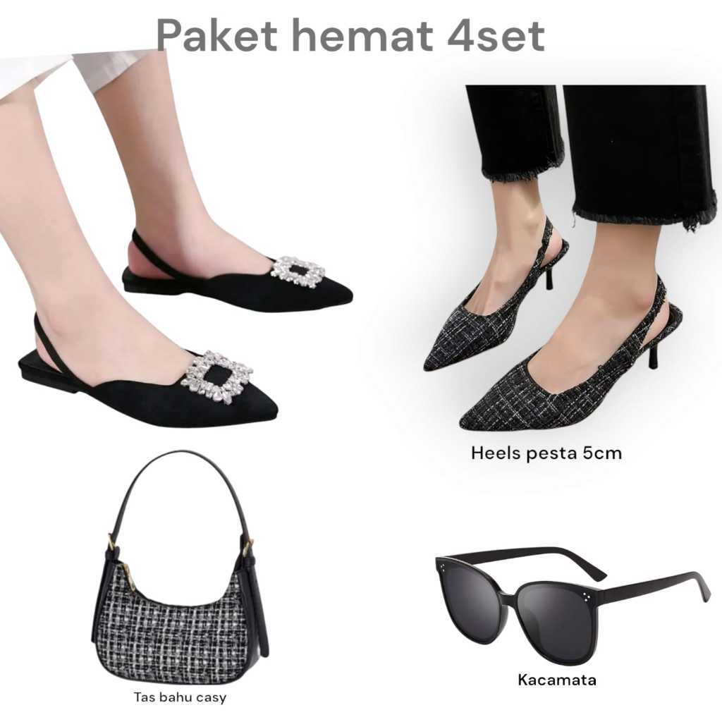 A45 Paket hemat 4 set sandal hak3cm lavista+heels pesta+kacamata+tas bahu cassy ELEGANT