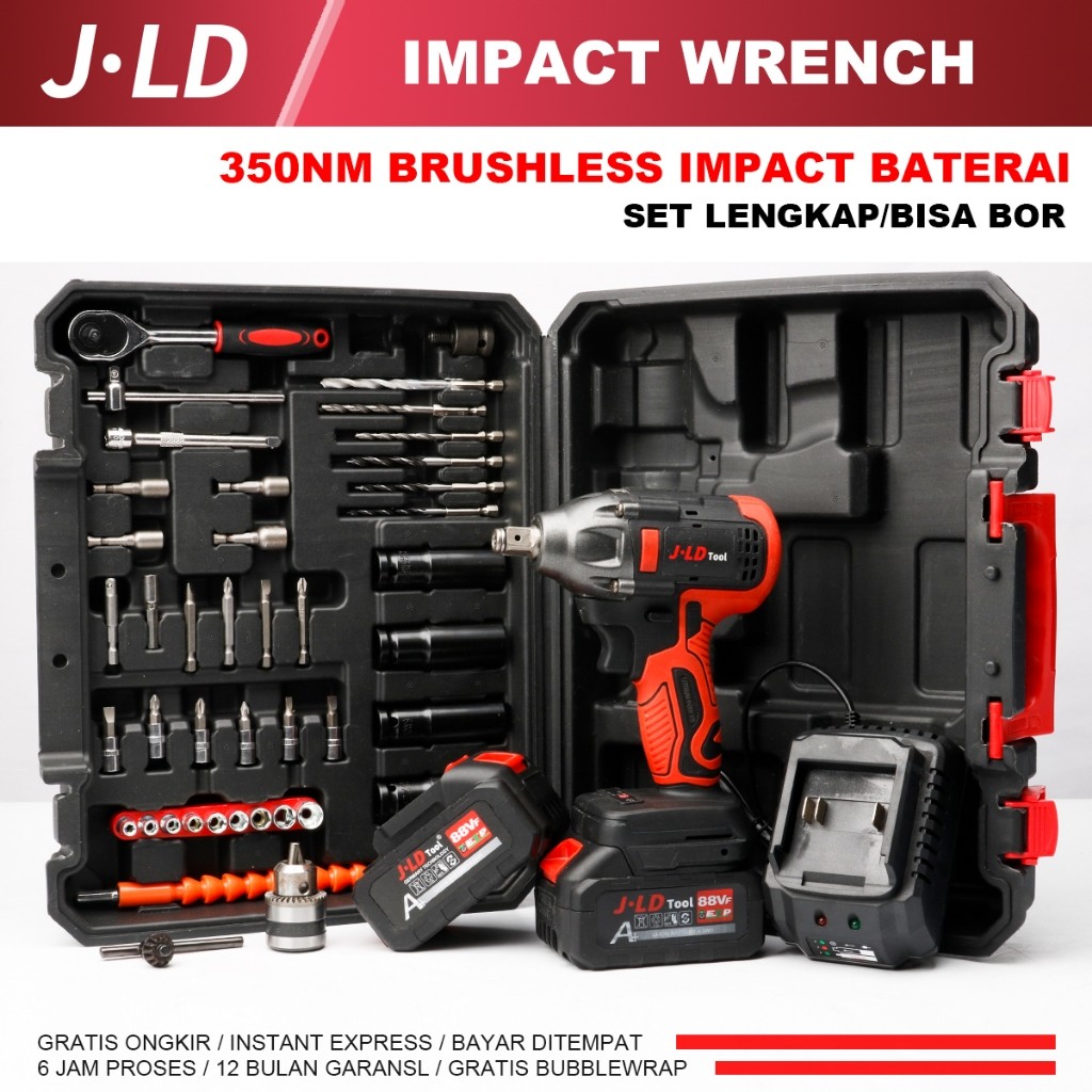 JLD mesin bor impact baterai 88VF fullset impact bor 2baterai 350NM Impact Wrench impact jld set - T