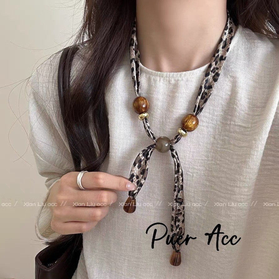 Puer acc Kalung Syal Sutra Motif Macan Tutul Aksesoris Manik-manik Rantai Jilbab Retro Wanita J1237