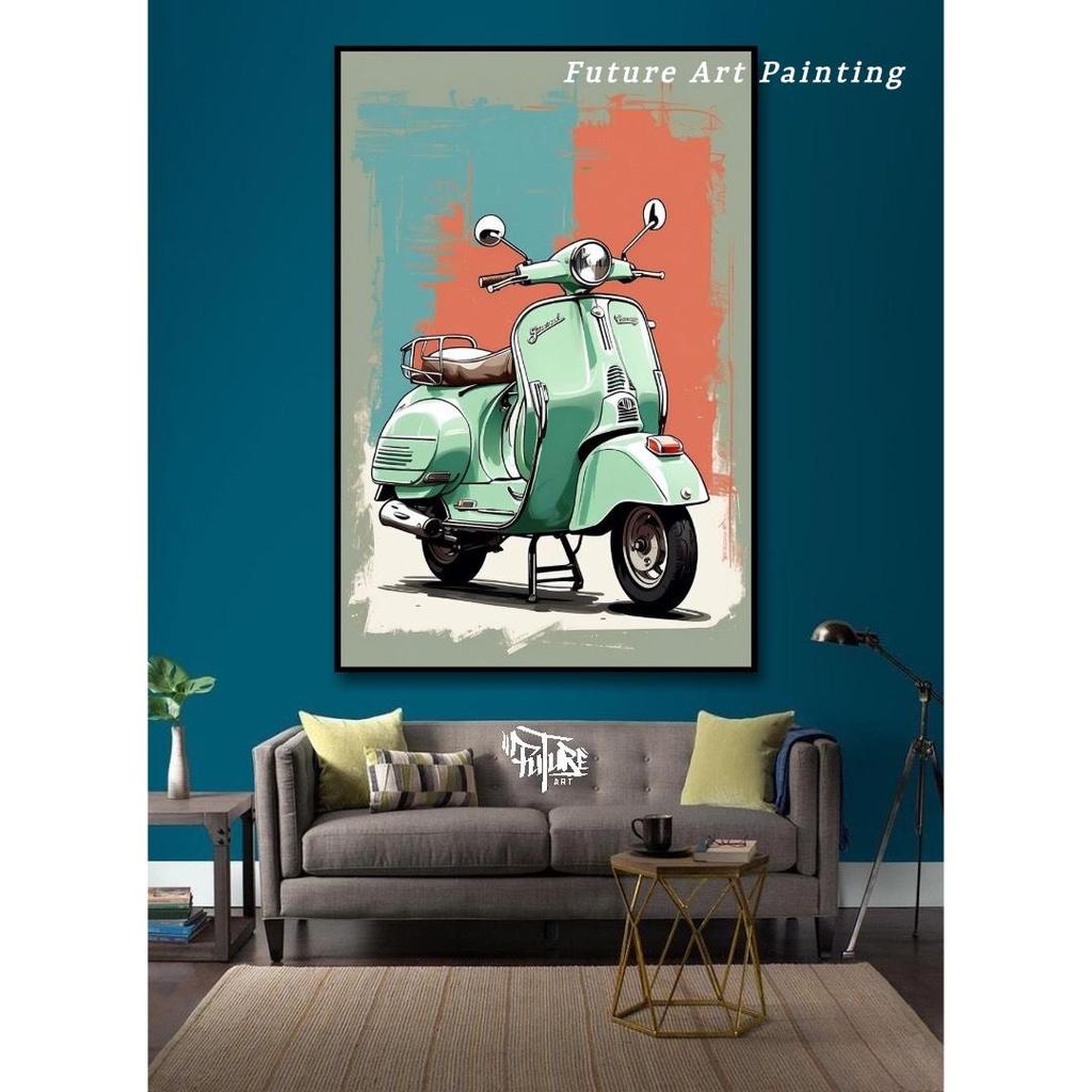 Puisi Di Atas Dua Roda Lukisan Kanvas Hiasan Dinding Klasik Motor Vespa - FUTURE ART PAINTING