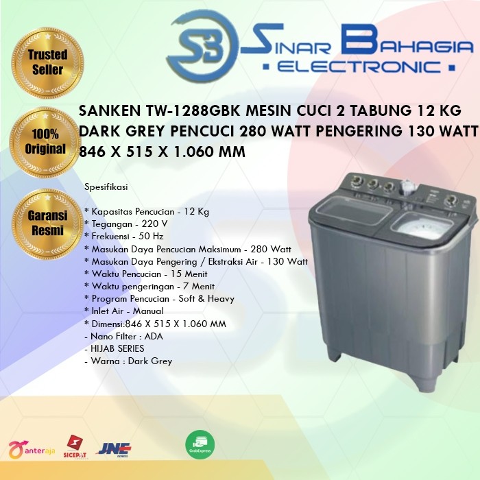 PROMO SALE SANKEN TW-1288GBK MESIN CUCI 2 TABUNG 12 KG DARK GREY PENCUCI 280 WATT PENGERING 130 WATT