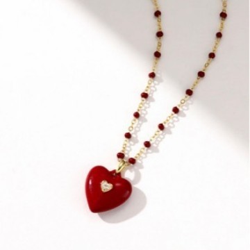 Chanel Style Three-Dimensional Red Heart Enamel Pendant Necklace Fashionable High-End Light Luxury E