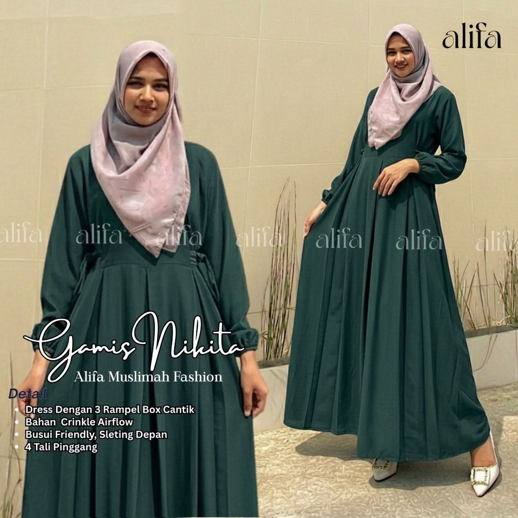 Alifa Muslimah Fashion - Gamis Basic warna Hijau Botol/Emerald/dark Green/Hijau Tua usui -Nikita