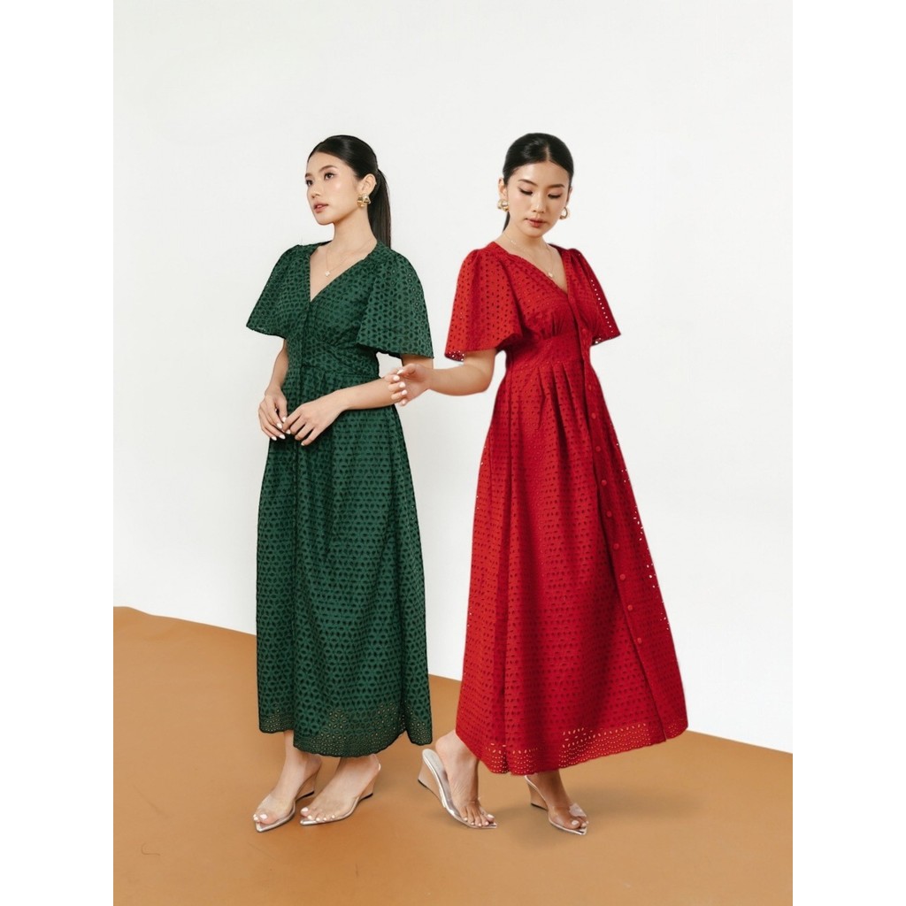 LAFORE - DS2100 Sisae Eyelet Dress - Dress Pesta Brokat - Dress Natal Imlek CNY Merah Putih Hitam