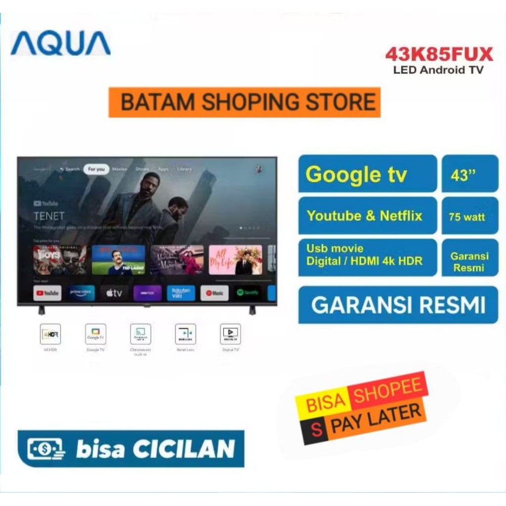 TV AQUA ANDROID SMART TV AQT43K85FUX 43 Inch 4K HDR Digital Android Smart TV