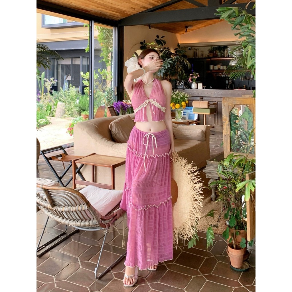 2025 New Pink separates Long Skirt Beach Vacation Hot Spring Bikini Set
