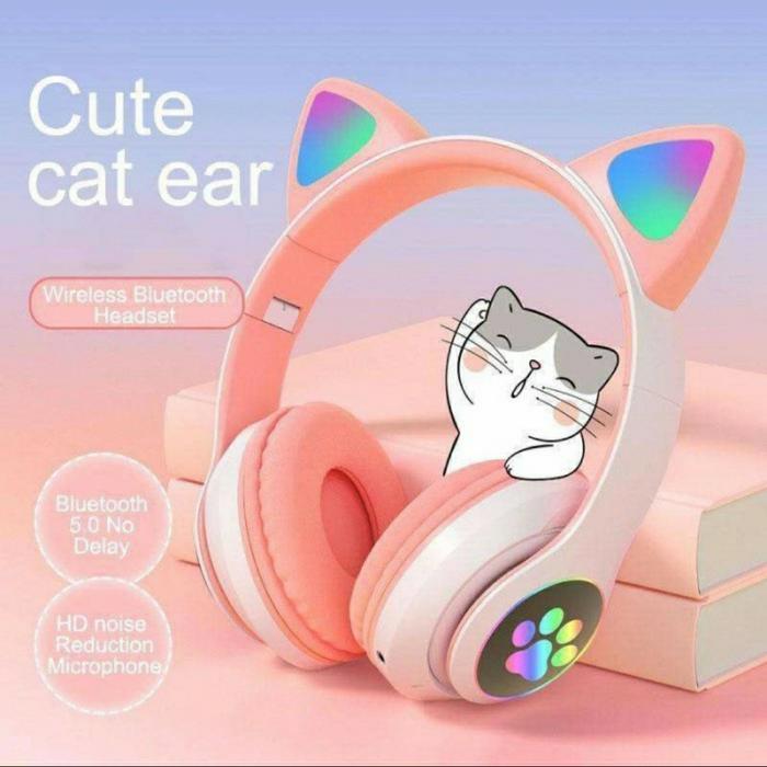 SOUNDORA Headset Anak Perempuan Pink Lucu Headset Bluetooth Karakter Kucing LED - Pink