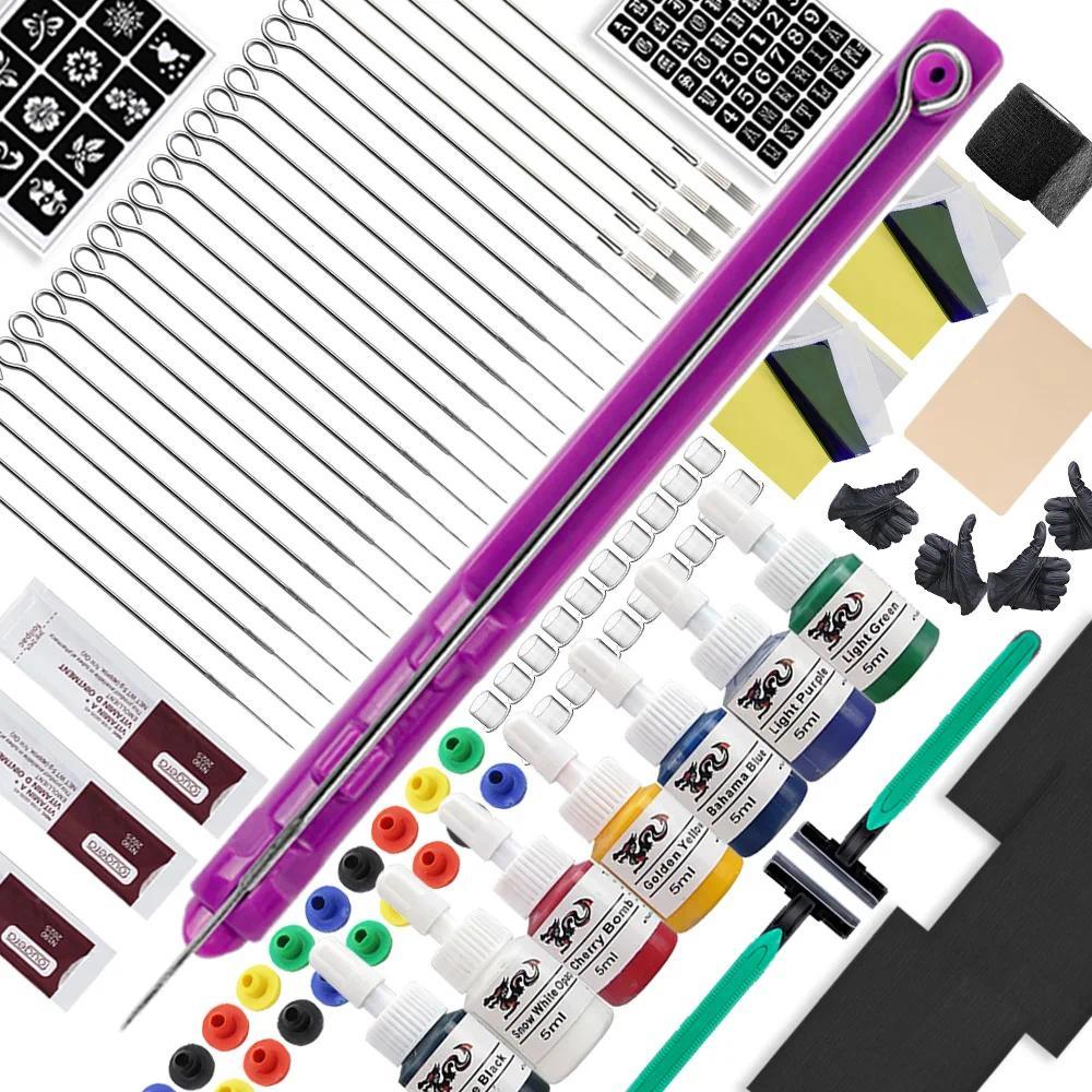 Kit Alat Tato Profesional Hand Poke Stick DIY, Kit Tinta Tato, Sarung Tangan, Jarum Tato, Perban unt