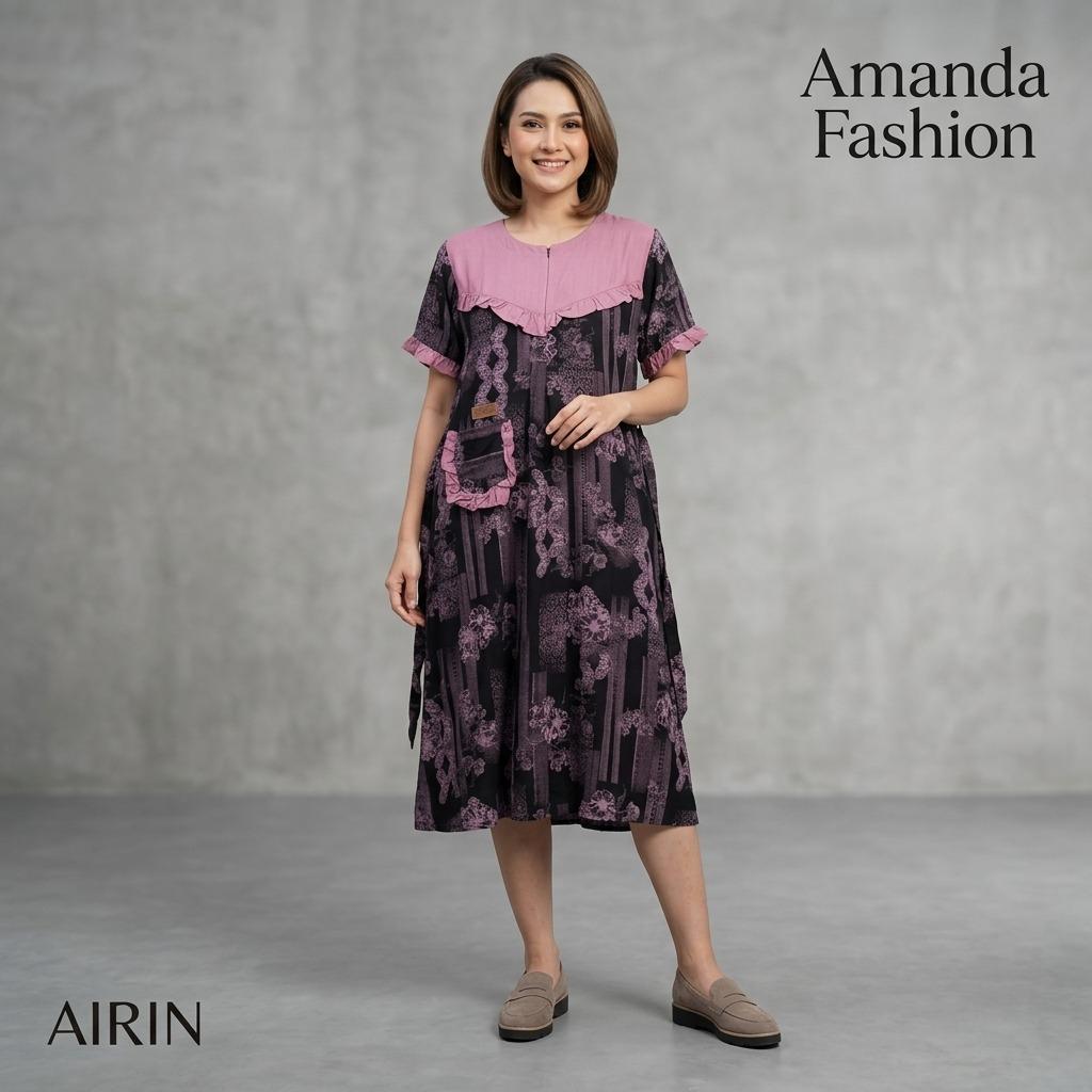 Gamis Amanda Airin Rayon Motif Bunga Mix Rayon Premium Polos Rempel Busui Friendly