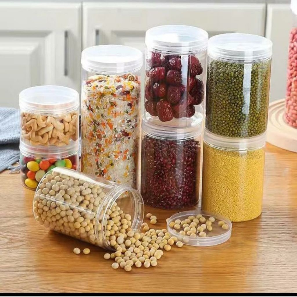 Toples Plastik Bening Tutup Putih/Toples Kue Kering/Bumbu Dapur