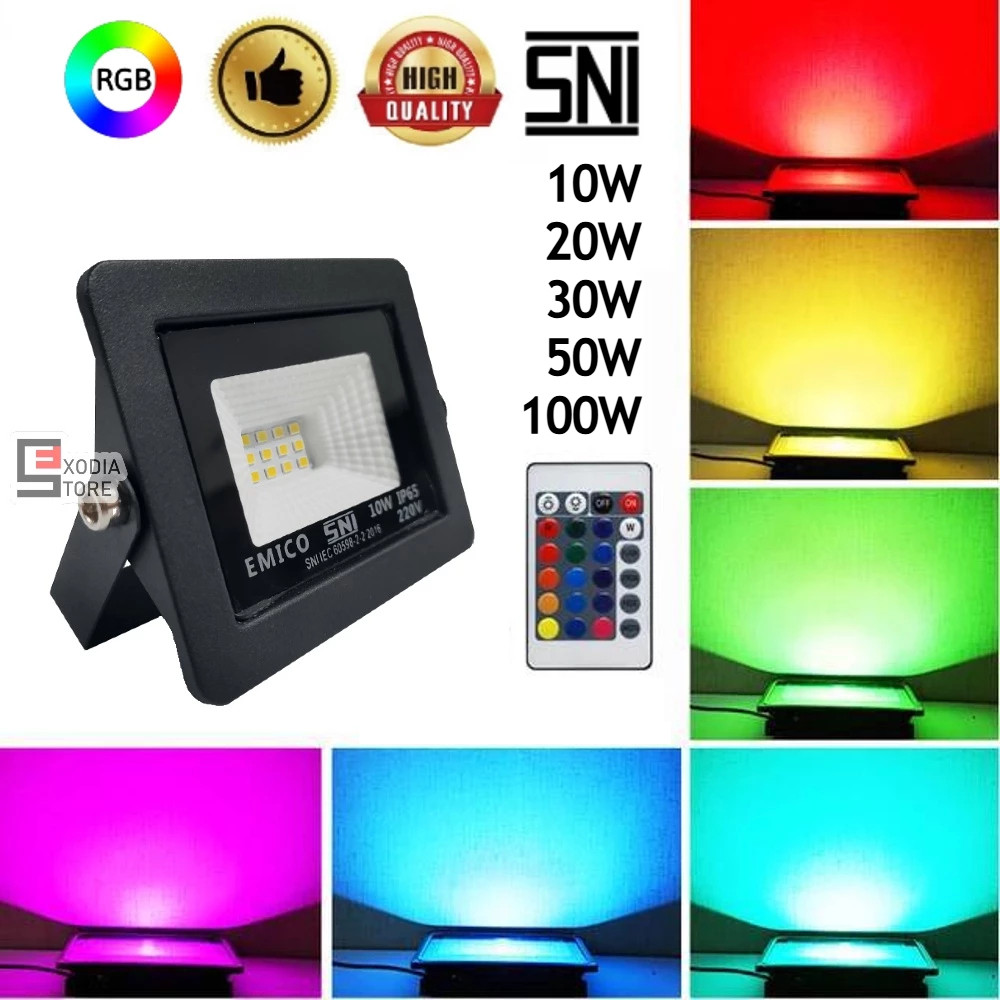 KaruniaCztore Lampu Sorot RGB Remote Emico SMD LED 10 Watt / 20 Watt / 30 Watt / 50 Watt / 100 Watt 