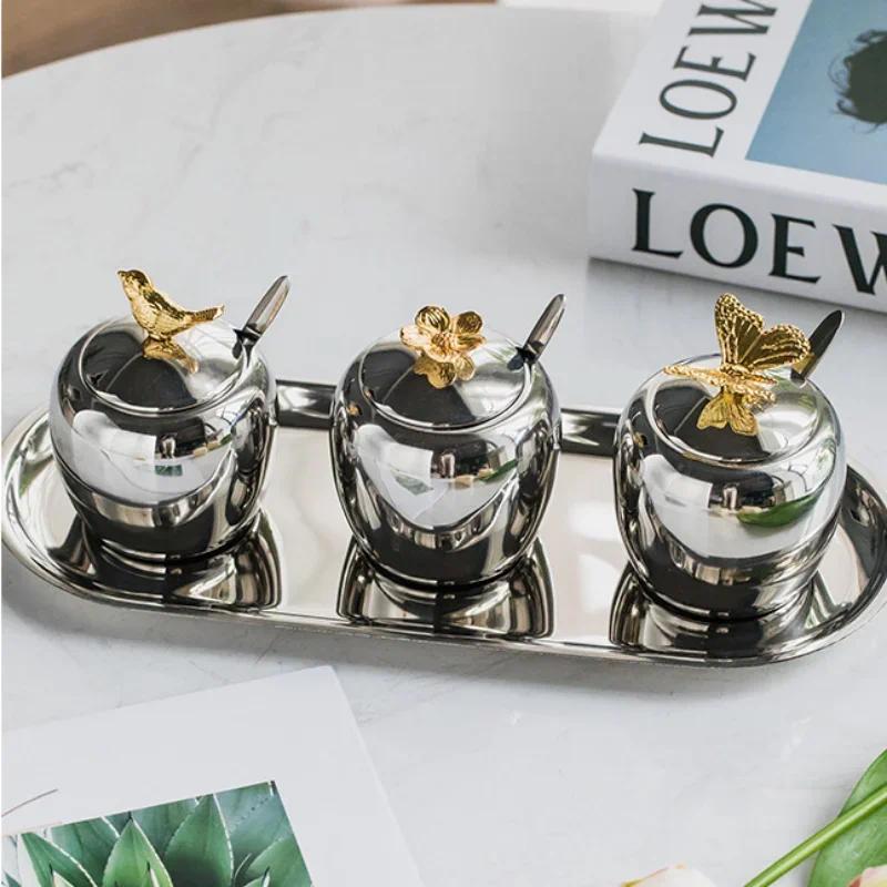 Stainless Steel Seasoning Jar Set Spice Jar 3 Piece Set Kitchen Supplies Spice Container Condiment J