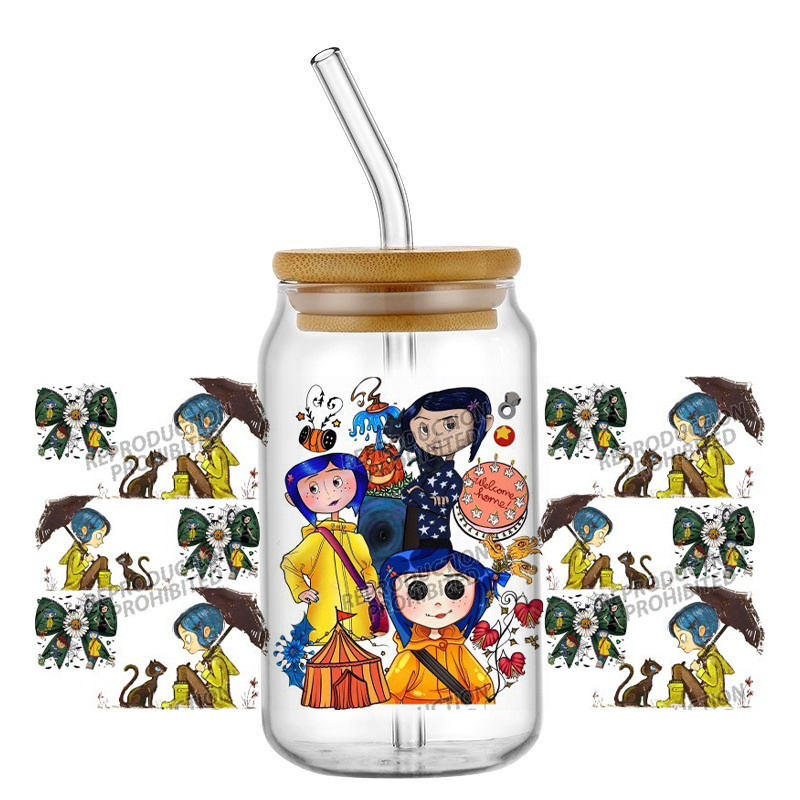 New 14 Design Coraline Cartoon Horror Movie Novel 16oz UV DTF 3D Sticker Decals Wraps Glass Can Cups