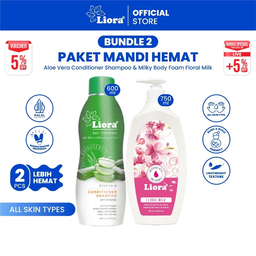 [Paket Hemat 2 Pcs] LIORA Shampoo 600ml + LIORA body foam floral milk 750ml