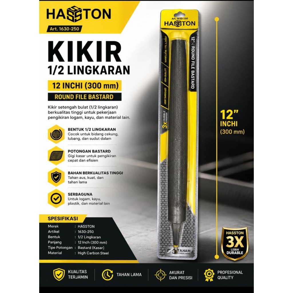 GILISHOP Kikir Setengah Lingkaran Hasston 12 Inchi Bastard File Besi Kayu