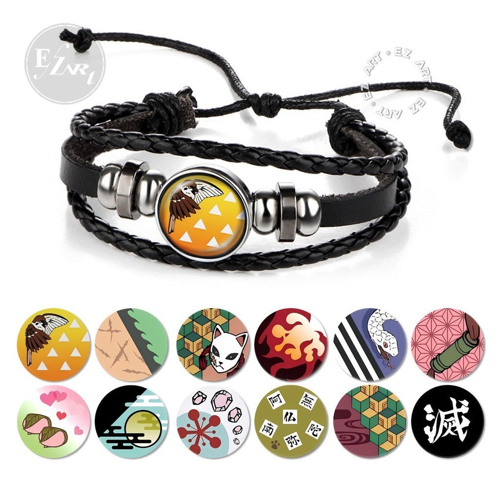 Gelang Fashion Anime Demon Slayer Pattern Kulit Kepang Multilayer Adjustable Manik Bulat Pria Wanita