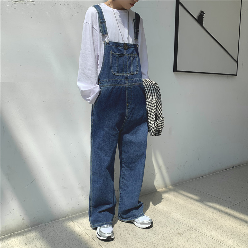 Overall Denim Vintage Celana Suspender Kaki Lurus Pria