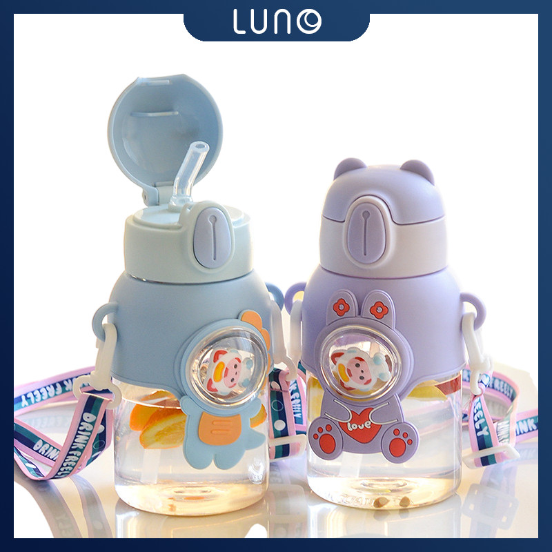LUNO Botol Minum Beruang Astronaut Lucu 600ML Sedotan Tali Gendong Aesthetic Korea Tempat Minum Anak