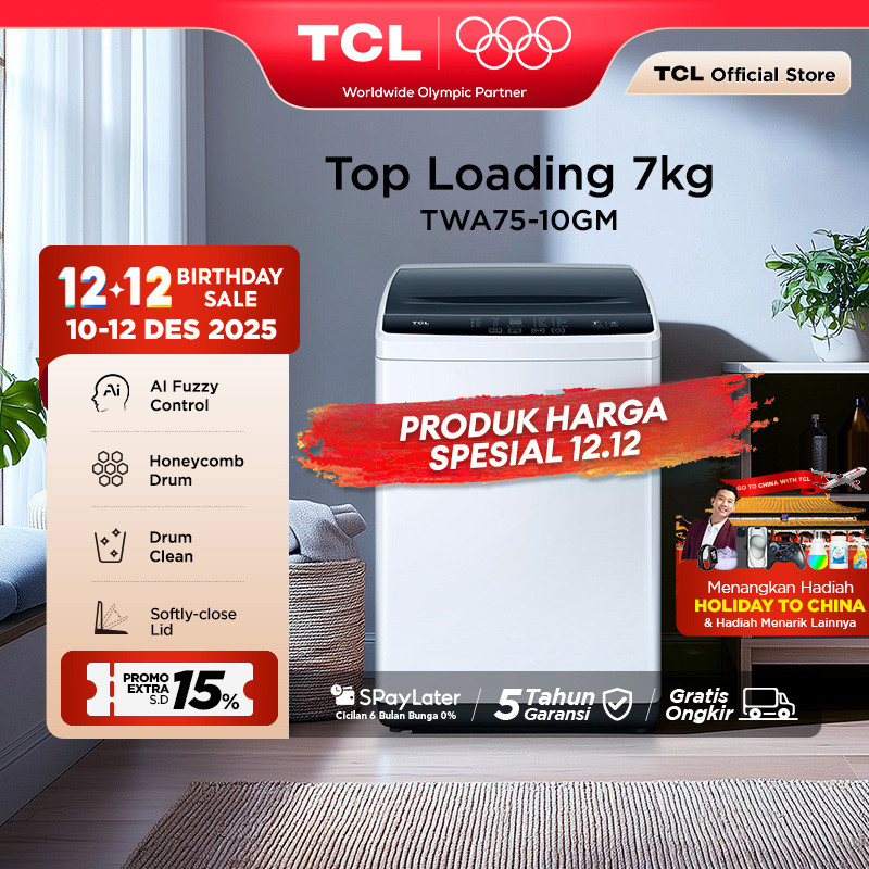 TCL Mesin Cuci 1 Tabung - Top Loading 7 KG - Honeycomb Crystal Drum - Auto Cleaning - Eight Wash Pro