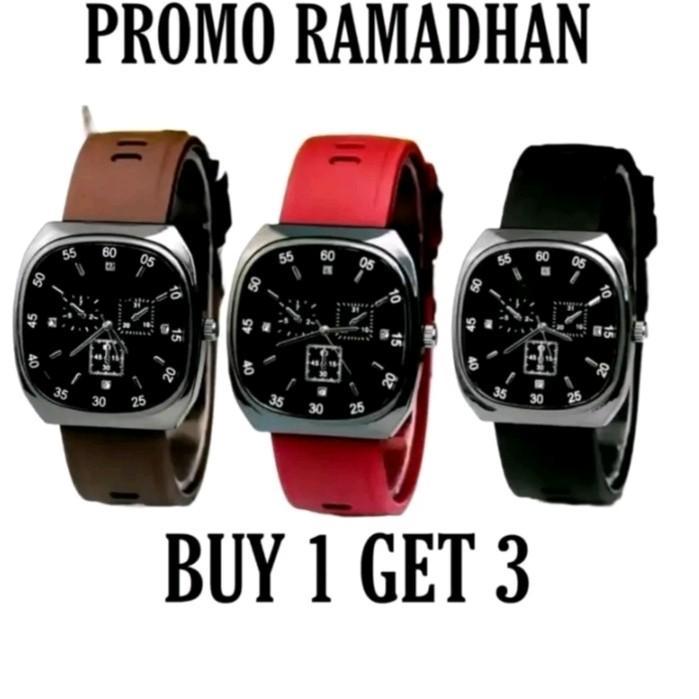 PROMO 3pcs(Hitam Coklat Merah) jam tangan wanita/pria unisex tali silikon rubber free baterai cadang