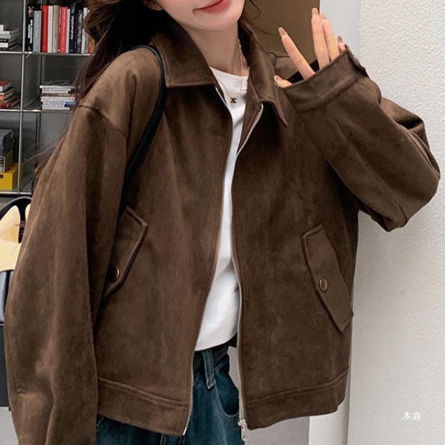 Jaket pendek suede imitasi coklat, jaket lokomotif wanita gaya baru Korea.