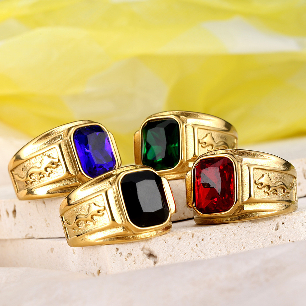 Cincin Pria Batu Berwarna Kotak Emas Relief Naga Desain Modern Elegan Mewah Gaya Klasik Fashion Hari