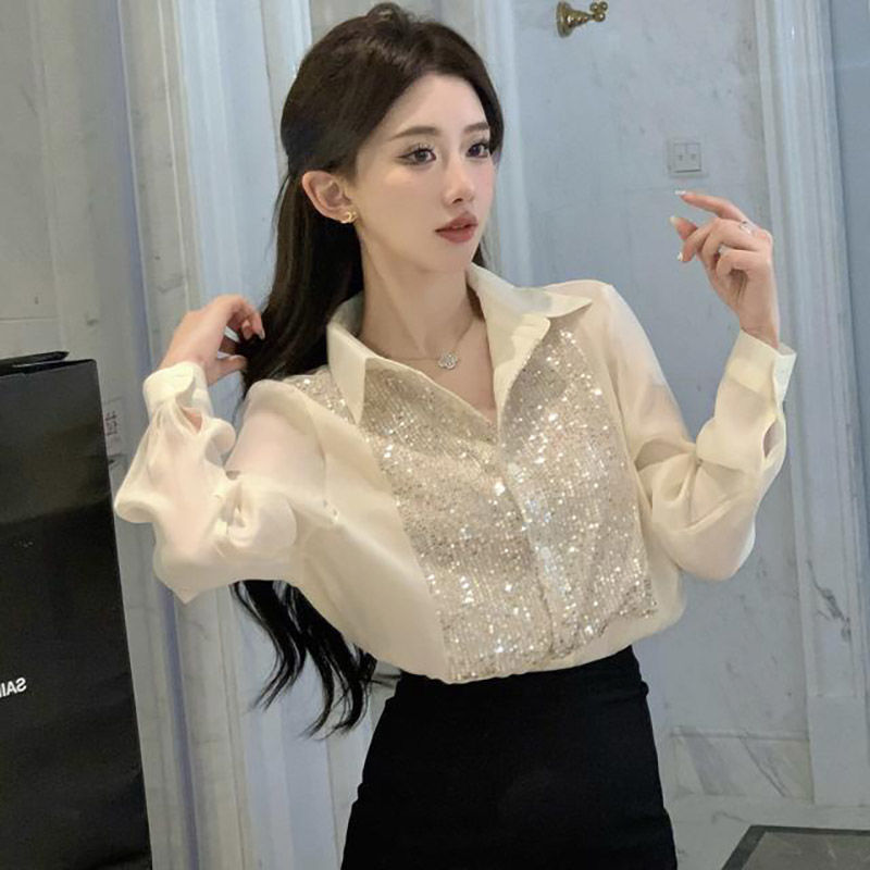 Blus putih lengan panjang berpayet baru untuk wanita