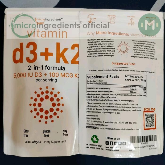 Microingredients Vitamin D3 K2 Asli - 300 Softgels Original Import Usa