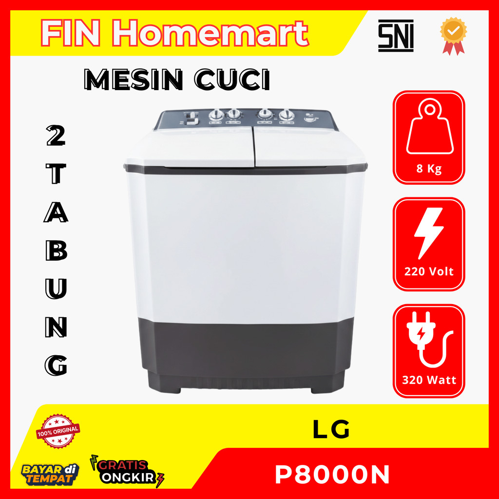 LG Mesin Cuci 2 Tabung 8kg P8000N - Roller Jet Pulsator & Wind Jet Dry