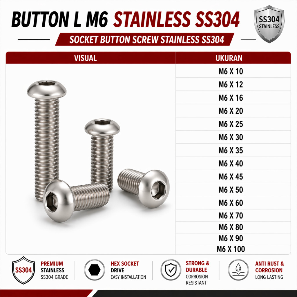 Button L M6X12 / Baut L Button 6X12 / M6 X 12 / 6 X 12 - Socket Button Screw Stainless SS304