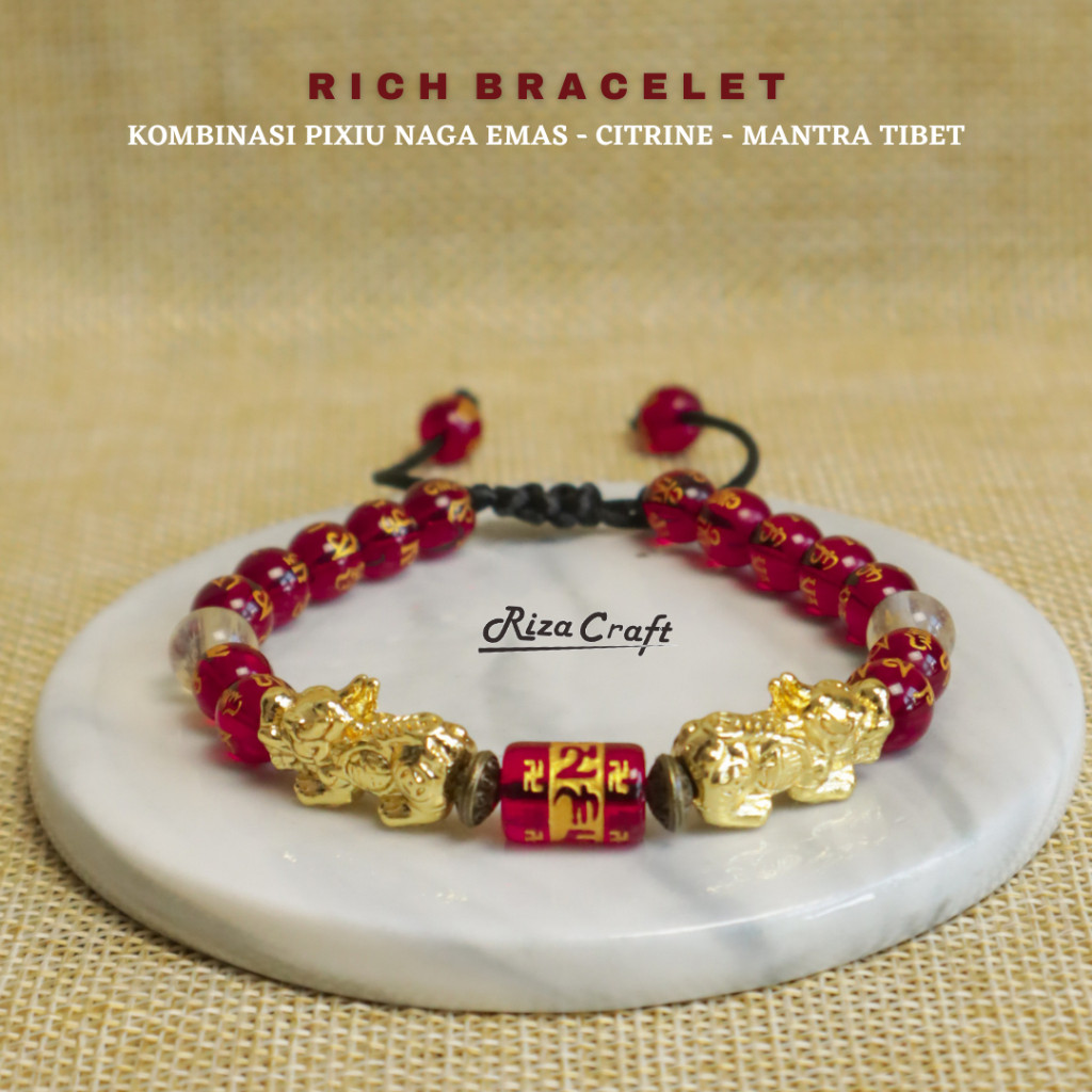 Gelang Batu Merah Tibet Citrine Pixiu Naga Lapis Emas