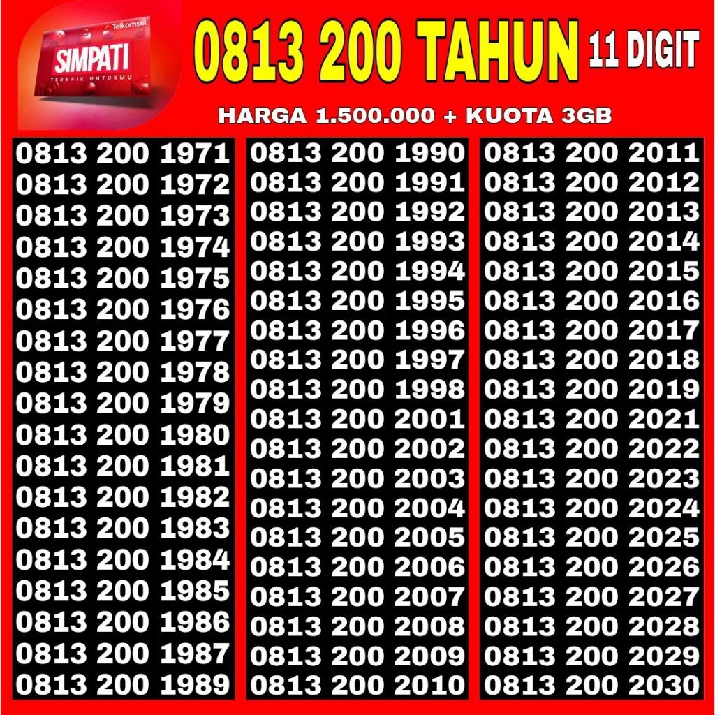 Murah Nomor Cantik Simpati TELKOMSEL Seri Tahun 11 Digit