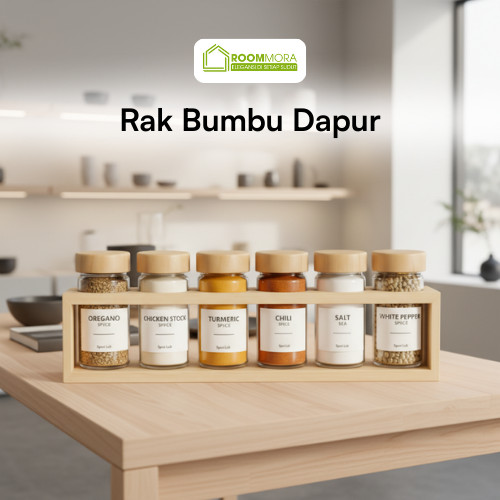 Rak Bumbu Dapur Estetik 6 Botol Kaca Spice Jar Rak Bumbu Kayu Storage Tempat Bumbu Dapur