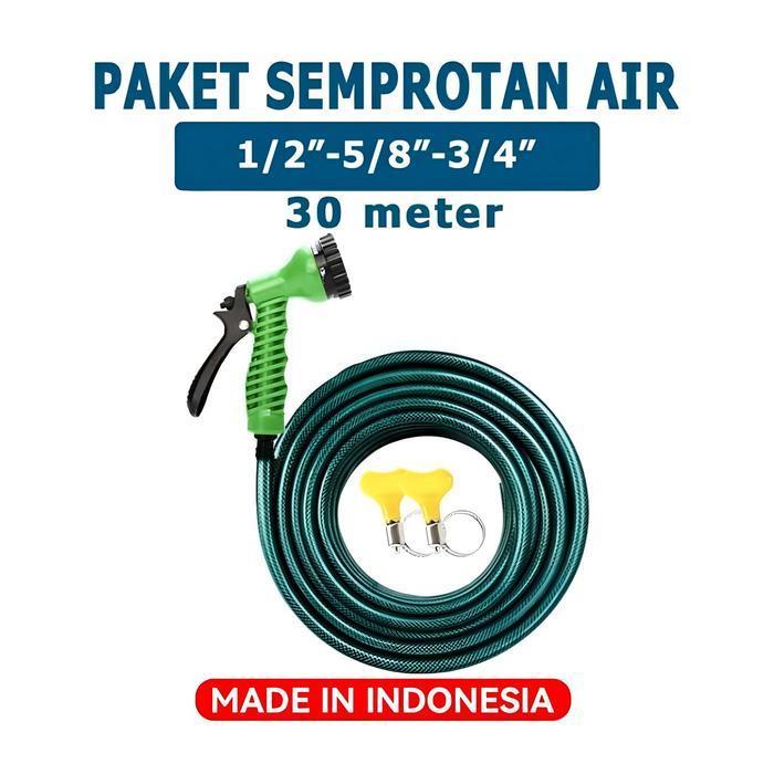PROMO  SEPAKET SELANG AIR SERAT BENANG HIJAU 30 METER 5/8, 3/4 INCH - SELANG AIR CUCI MOTOR & MOBIL 