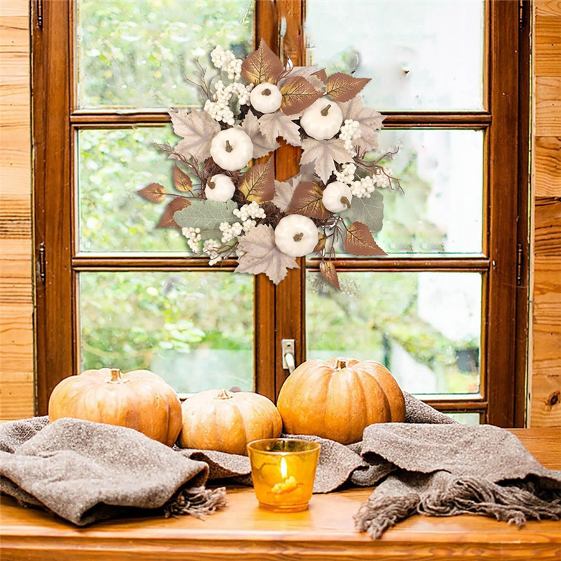 Maple Leaf Berry White Pumpkin Wreath Festival Decorative Ornament Pent Farmhouse Front Door Wreath 