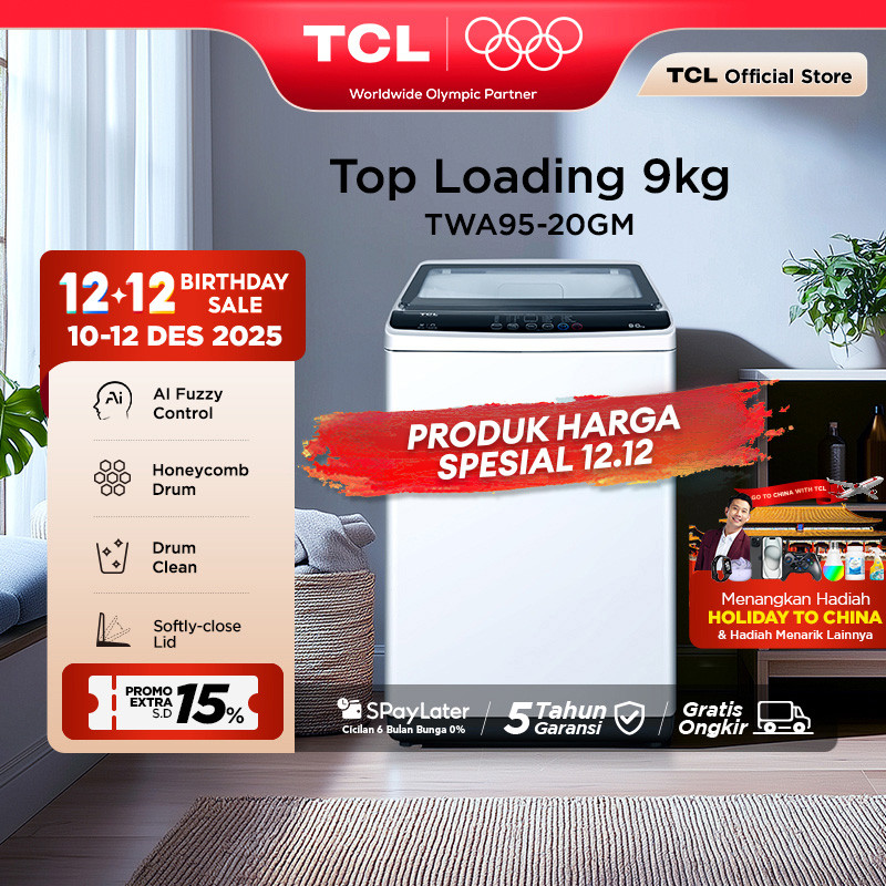 TCL Mesin Cuci 1 Tabung - Top Loading 9 KG - Honeycomb Crystal Drum - Auto Cleaning - Eight Wash Pro